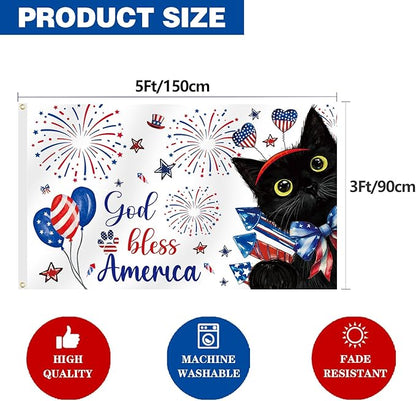 SENSEVEN Summer Black Cat 4th of July Flags for Outside 3x5 Ft,Memorial Day Holiday Flag,Cute Kitten Welcome Outdoor Banner for Porch Lawn Farmhouse Decor