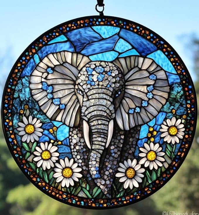 Elephant and Flower Acrylic Suncatcher, for Mom or Lover, Window Hanging Decor
