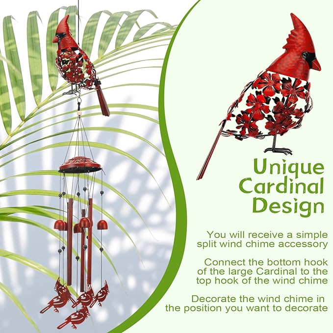 Cardinal Wind Chimes for Outside 34'' 3D Red Bird Metal Wind Chimes Hanging Decoration Cardinal Gifts Women Grandma Mom Memorial Red Bird Decor for Outdoor Garden Yard Patio Backyard