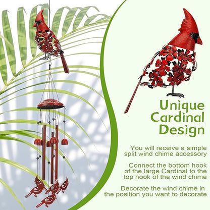 Cardinal Wind Chimes for Outside 34'' 3D Red Bird Metal Wind Chimes Hanging Decoration Cardinal Gifts Women Grandma Mom Memorial Red Bird Decor for Outdoor Garden Yard Patio Backyard