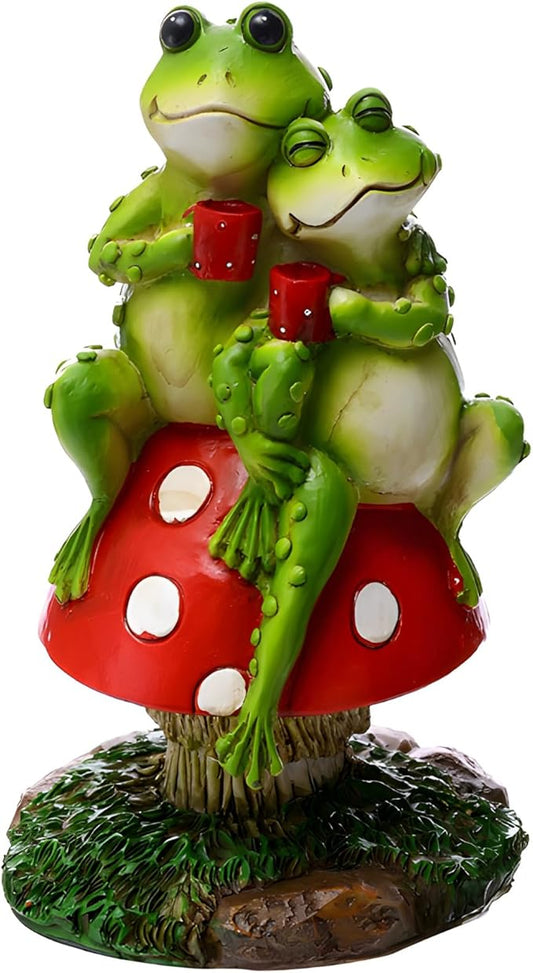 Frog Statue Couple Sitting on Mushroom Figurine, Hand-Painted Resin 7.87 in Garden Decor, Outdoor Garden Decor for Home, Patio, Lawn, Yard Decorations