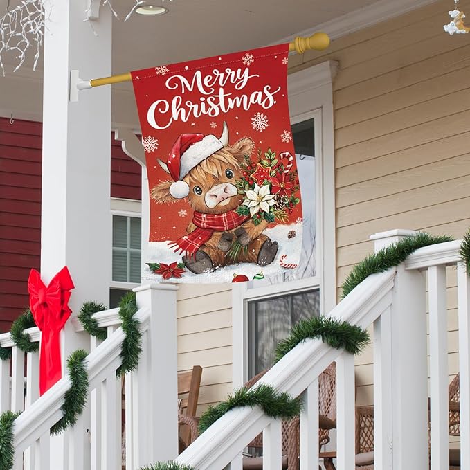 Heyfibro Merry Christmas Highland Cow Garden Flag 28x40 Inch Double Sided Burlap, Winter Snowflake Yard Flags for Holiday Xmas Seasonal Outdoor Decoration(ONLY FLAG)