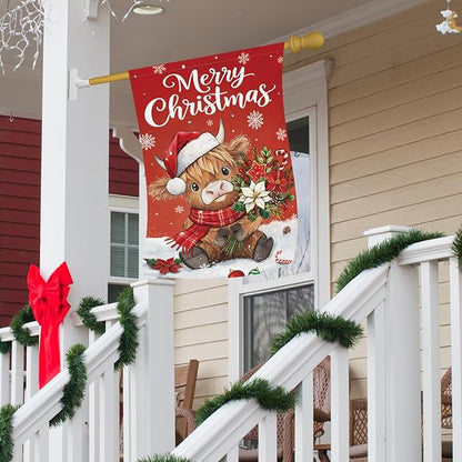 Heyfibro Merry Christmas Highland Cow Garden Flag 28x40 Inch Double Sided Burlap, Winter Snowflake Yard Flags for Holiday Xmas Seasonal Outdoor Decoration(ONLY FLAG)