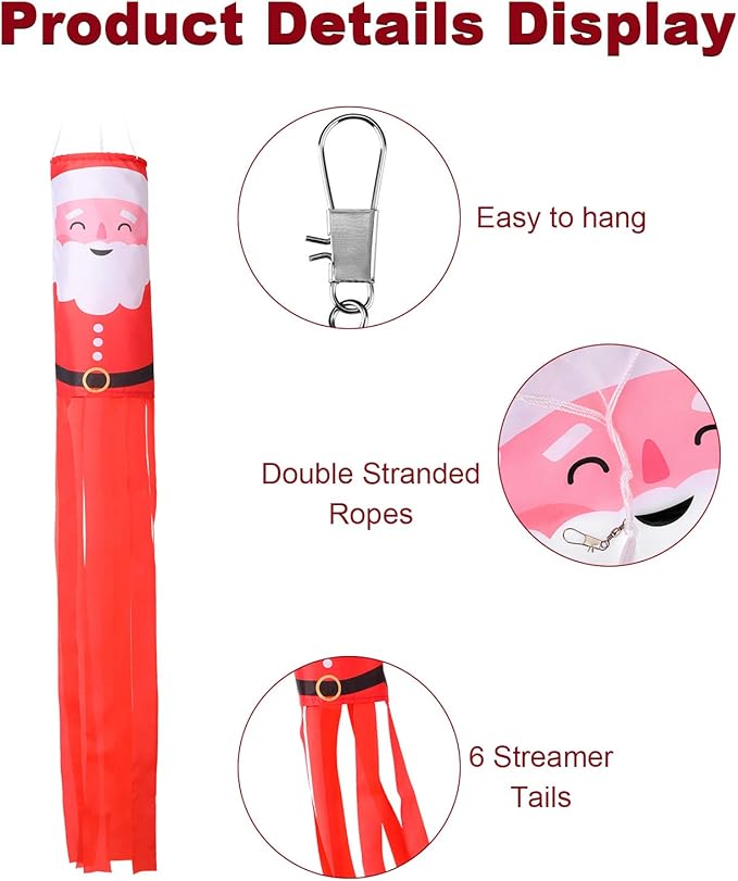 Tatuo 2 Pieces Christmas Windsock Santa Claus Windsock Santa Outdoor Hanging Windsocks Winter Decorative Fabric Wind Sock for Tree Decorations Front Yard Porch Patio Lawn Garden Party