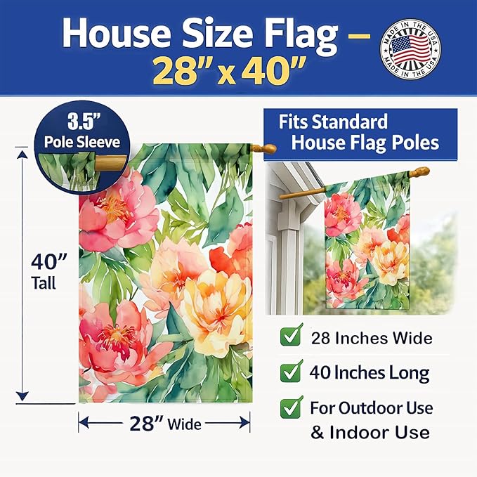 Caroline's Treasures Indiana Peonies in Watercolor House Flag Large Porch Sleeve Pole Decorative Outside Yard Banner Artwork Wall Hanging, Polyester, House Size, Multicolor