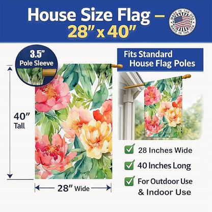 Caroline's Treasures Indiana Peonies in Watercolor House Flag Large Porch Sleeve Pole Decorative Outside Yard Banner Artwork Wall Hanging, Polyester, House Size, Multicolor