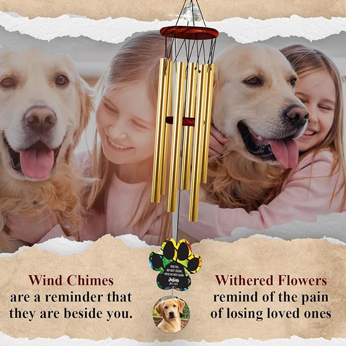 Personalized Pet Memorial Wind Chimes, Custom Photo Crystal Paw Print Suncatcher Ornament, Pet Keepsake Memorial Sympathy Gift for Loss of Dog Cat Lover, Remembrance Wind Chimes Outdoor Décor
