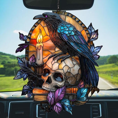 Raven and Skull Acrylic Suncatcher Stained Glass Effect Window Car Hanging Christmas Ornament Indoor Outdoor Decor Garden Sun Catcher Panel for Gothic Lover for Women Mom Grandma