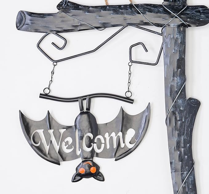 37" Metal Halloween Welcome Sign Post with Bat Outdoor Yard Stake