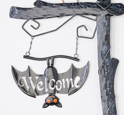 37" Metal Halloween Welcome Sign Post with Bat Outdoor Yard Stake