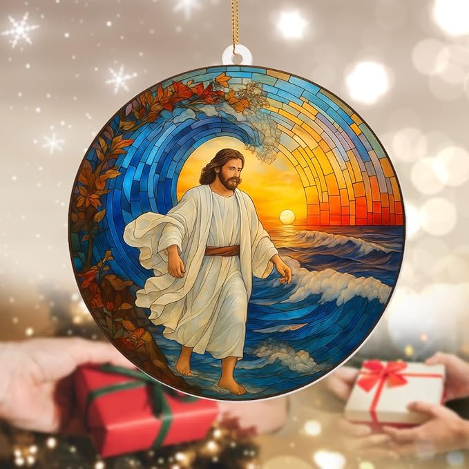 Stained Glass Jesus Walking on Water Christmas Tree Ornament – Acrylic Sun Catcher Window Hanging, Christian Religious Decor, Inspirational Gift for Men & Women, Car Rearview Mirror Charm(Sun-30)