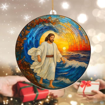 Stained Glass Jesus Walking on Water Christmas Tree Ornament – Acrylic Sun Catcher Window Hanging, Christian Religious Decor, Inspirational Gift for Men & Women, Car Rearview Mirror Charm(Sun-30)