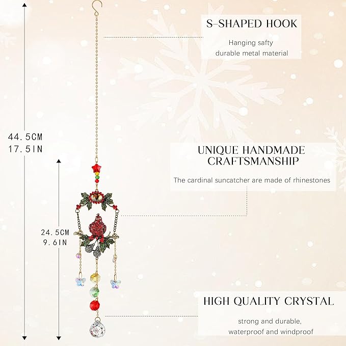 H&D HYALINE & DORA Cardinal on A Branch Suncatchers for Windows 17.5 Inch Crystal Sun Catcher with Metal Chain and Hooks Christmas Birthday Gift for Bird Lovers Women