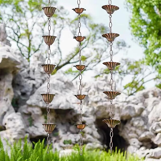 Copper Plated Rain Chain for Outside Downspouts,Adjustable Rain Catcher Chain for Eaves Drainage,Decorative Metal Hanging Flower Spiral Rain Bells(D)