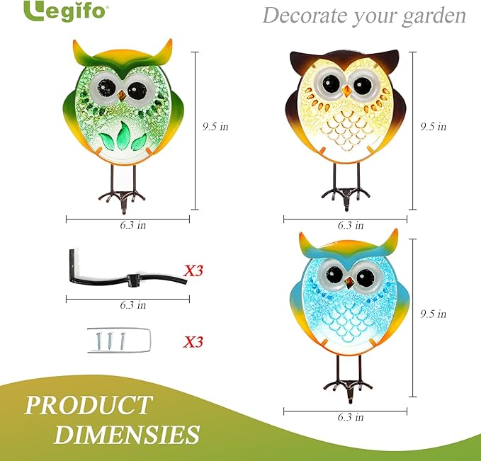 LEGIFO Owl Garden Decor for Outside, Stand & Tree Hugger Outdoor Owls Stakes Yard Art Set of 3, Funny Metal & Glass Stake Gifts for Grandma Mom Women