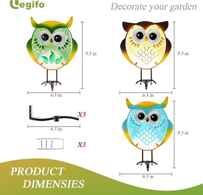 LEGIFO Owl Garden Decor for Outside, Stand & Tree Hugger Outdoor Owls Stakes Yard Art Set of 3, Funny Metal & Glass Stake Gifts for Grandma Mom Women