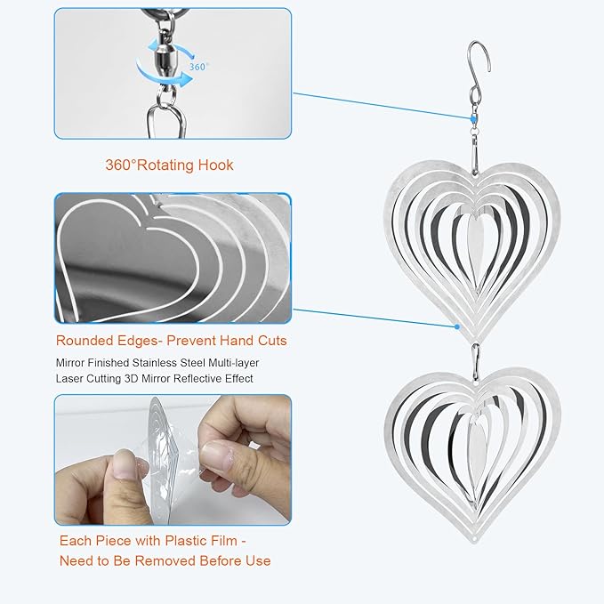 12Pcs Heart Bird Scare Discs, 4Set Highly Reflective Hanging Wind Spinners Outdoor Metal Bird Reflectors for Outside Garden Decor Lightweight Bird Devices to Scare Birds Away from Yard Porch