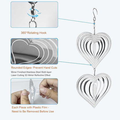 12Pcs Heart Bird Scare Discs, 4Set Highly Reflective Hanging Wind Spinners Outdoor Metal Bird Reflectors for Outside Garden Decor Lightweight Bird Devices to Scare Birds Away from Yard Porch