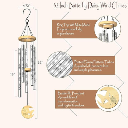 Aunt Gifts, Birthday Gifts for Aunt from Niece Nephew, 32" Butterfly Daisy Modern Wind Chimes, Best Aunts Ever Gift for Women Birthday Mother's Day, Garden Home Decor (for Aunt)