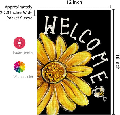 CROWNED BEAUTY Spring Summer Garden Flag Daisy Bee Welcome 12x18 Inch Double Sided Small Floral Seasonal Holiday Decoration for Outdoor Lawn Yard