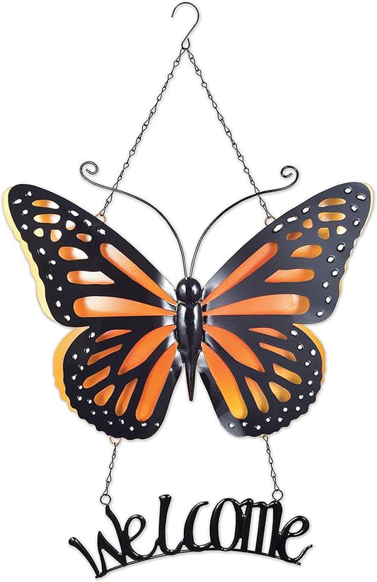 Sunset Vista Designs Home Décor - Large Handcrafted Metal Butterfly Welcome Sign for Front Door Patio or Porch, Orange Monarch