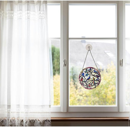Birds and Flowers Hanging Stained Glass for Windows, Hand-Painted Sun Catcher Garden Hangings Christmas Mother's Day, Valentine's Day Ornaments Festival Gift (Small)