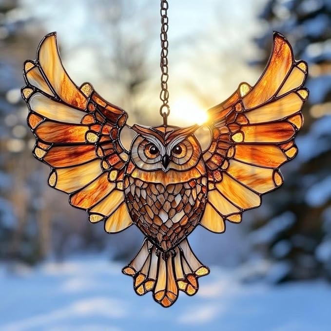Mandala Owl Acrylic Suncatcher, Boho Suncatchers for Window Hanging Ornament, Stained Glass Effect Indoor Outdoor Garden Decor Native American Style, Gifts for Mother's Day, Mom, Grandma, Wife, Women