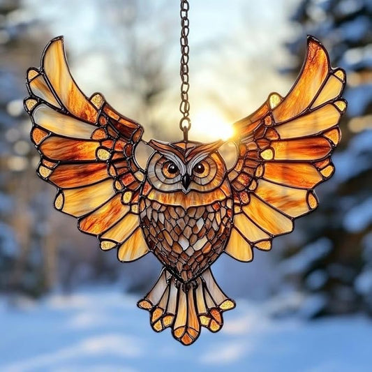 Mandala Owl Acrylic Suncatcher, Boho Suncatchers for Window Hanging Ornament, Stained Glass Effect Indoor Outdoor Garden Decor Native American Style, Gifts for Mother's Day, Mom, Grandma, Wife, Women