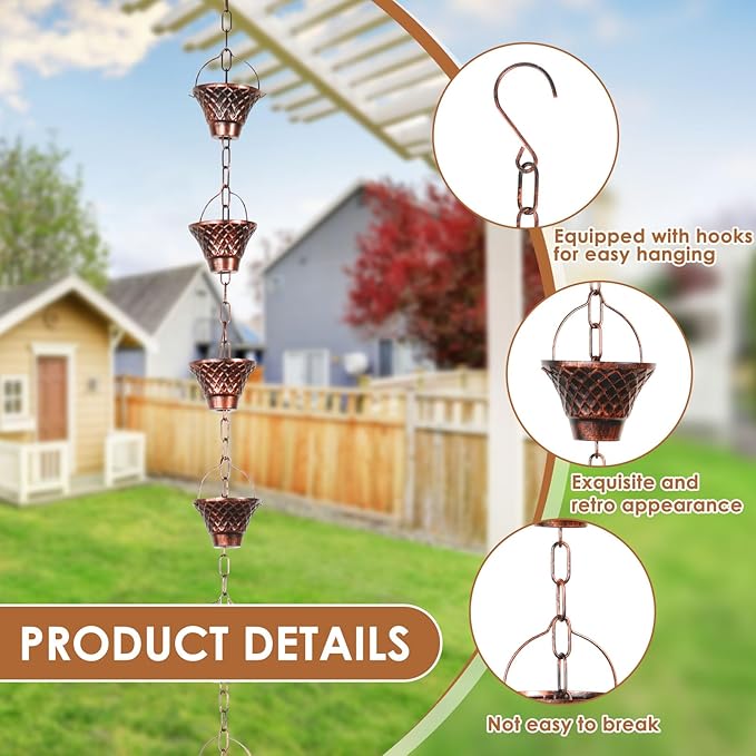 Gutter Chain, Rain Chain for Gutter, Downspout Decorative Metal Rain Catcher Diverter with Hook for Outside Windowsill Garden Patio Courtyard (Copper)
