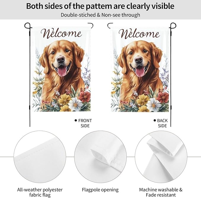 Golden Retriever With Floral Garden Flags 12×18 Inch Double Sided Decorative Yard Banner Seasonal Flag for Outdoor Outside Decor