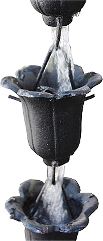 NACH Heavy Duty Cast Iron Tulip Rain Chain, Decorative Rain Chains for Gutter, Downspout, Outside Drain, 96" (8 ft), Antique Black, JS-RNC004