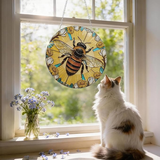 Bees Acrylic Suncatcher for Window Hanging, Indoor Window Wall Art, Hand-Painted Sun Catcher Garden Hangings, Mother's Day Birthday Gifts for Women Friends Mom and Nana