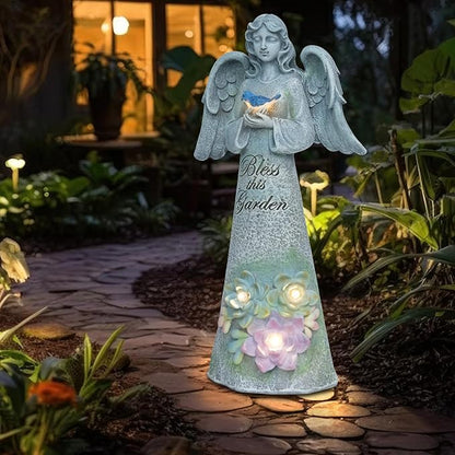 Angel Garden Statue Outdoor Decor, Angel Garden Holding Bird with Solar Lights, Gardening Gifts for Mom Grandma, Art Decoration Lawn Ornament Sculpture for Outside
