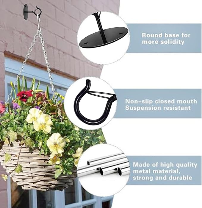 4 Pcs Black Ceiling Hooks for Hanging Plants Holder with Safety Buckle,Ceiling Decor Hook Heavy Duty,Metal Plant Hanger Indoor&Outdoor.Hooks for Hanging Plants,Wind Chime,Bird Feeders (Black)