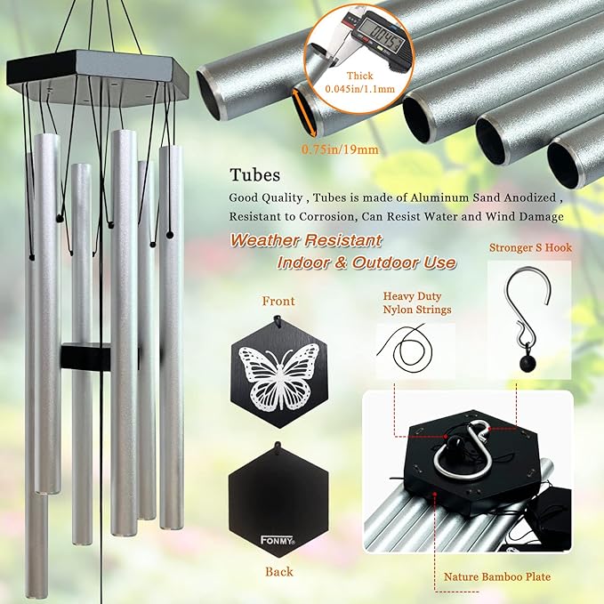 FONMY Wind Chimes Outdoor w/Butterfly Sign Memorial Windchimes Great Wind Chime Gifts Soothing Melodic Tones & Bamboo/Aluminum Chime for Garden Home or Yard-31 Length Silver Chimes Hanging Decor.