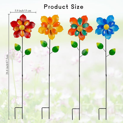 4 Pcs Wind Spinners Outdoor, Small Metal Flower Windmill, Colorful Pinwheels Decorative Floral Garden Stakes for Yard Patio Lawn Garden Decor, 27 x 6 Inches