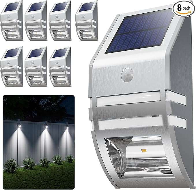 8 Pack Solar Wall Lights, Stainless Steels Outdoor Waterproof Motion Sensor Modern Metal Lamps for Fence, Deck, Post, Stair, Front Porch, Dock, Patio, Yard, House Siding, Convenient Security Lighting