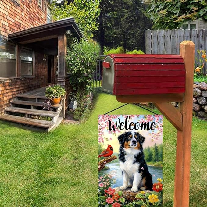 Spring Summer Australian Shepherd Dog Garden Flags 12x18 Double Sided, Small Burlap Seasonal Cardinal Flowers Garden Flag Spring Summer Outdoor Yard Decorations for Outside Lawn Decor