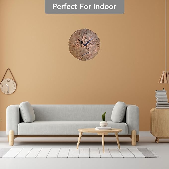 Lily's Home Hanging Wall Clock, Includes a Thermometer, Ideal for Indoor and Outdoor Use, Wonderful Housewarming Gift for Friends, or for Any Butterflies Lovers, Polyresin