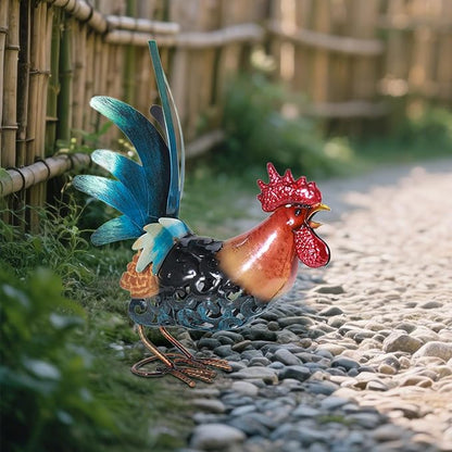 16.5" Whimsical Metal Rooster Garden Statue, Handmade Morning Crowing Rooster Sculpture with Green Tail Feathers, Rust-Resistant Iron Art for Yard, Farmhouse, Kitchen & Outdoor Decor