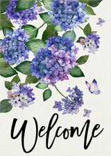 Welcome Spring Hydrangea Decorative Garden Flag, Purple Floral Flowers Butterfly Yard Outside Decorations, Summer Farmhouse Outdoor Small Home Decor Double Sided 12 x 18