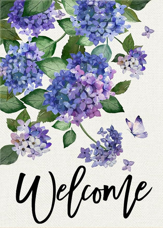 Welcome Spring Hydrangea Decorative Garden Flag, Purple Floral Flowers Butterfly Yard Outside Decorations, Summer Farmhouse Outdoor Small Home Decor Double Sided 12 x 18