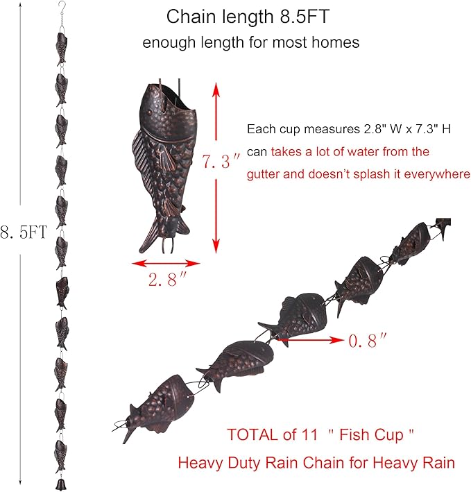Antique Bronze Rain Chain with Rainbow Trout for Heavy Rain, Functional and Decorative Replacement Downspout Chain for Outside, Rain Catcher Chain for Gutters, 8.5FT