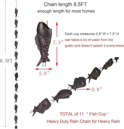 Antique Bronze Rain Chain with Rainbow Trout for Heavy Rain, Functional and Decorative Replacement Downspout Chain for Outside, Rain Catcher Chain for Gutters, 8.5FT
