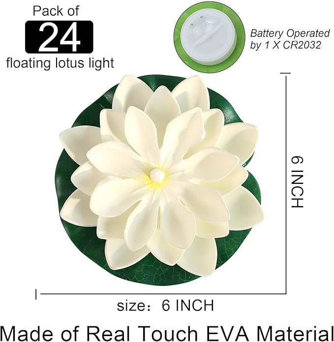 LACGO 24 PCS Water Activated Floating Lights - 6'' Waterproof Floating Lotus Light Battery Operated Artificial Floating Flowers for Pool Wedding Anniversary Garden Decoration(6 Inch, White)