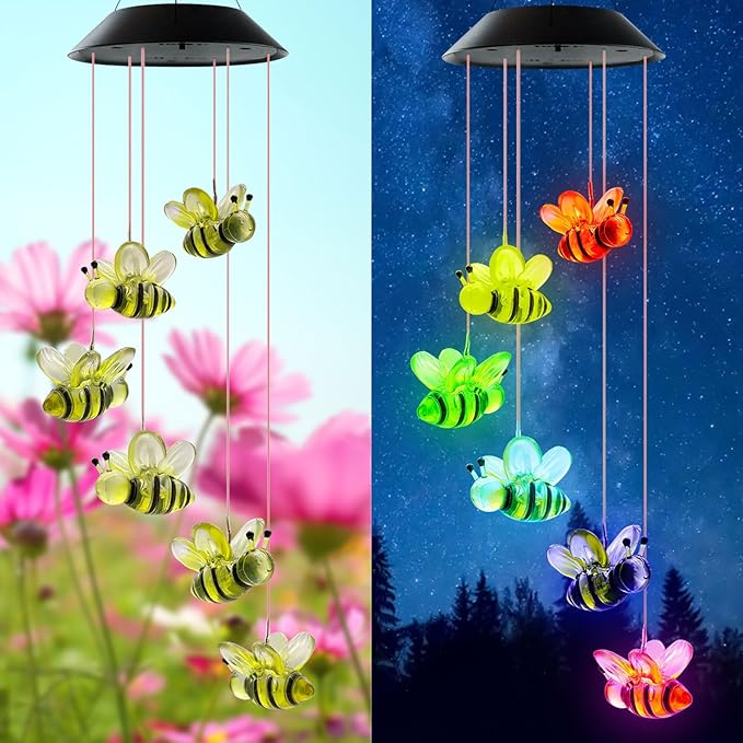 Solar Wind Chimes, Bee Wind Chimes Gifts for Mom Grandma Women Wife Girls, IP65 Waterproof Hanging Memorial Windchimes with 7 Color Changing LED Lights for Outside Garden Yard Decorations