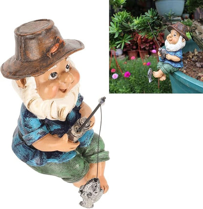 Fishing Gnome Sitter, Decorative Garden Statue, Hand Cast with Resin, Rich Colors, Outdoor Pond Garden Patio Decoration