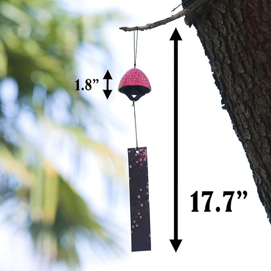 Japanese Wind Chime Cast-Iron Outdoor Ornament for Garden, Patio & Balcony, Hanging Metal Wind-Bell Decoration Gift, Blessing Pendant Windchimes & PVC Wind-Catcher, Cherry Blossom
