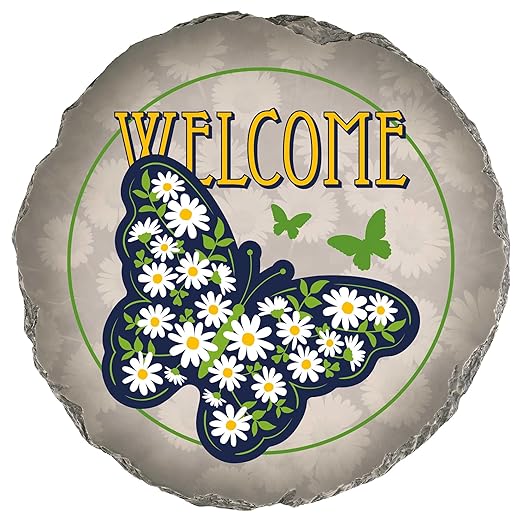 Magnolia Garden 10-Inch Welcome Butterfly Decorative Stepping Stone – Daisy Floral Resin Garden Walkway Tile – Vibrant Navy & Yellow Outdoor Accent Front Porch Entryway Decoration & Housewarming Gift