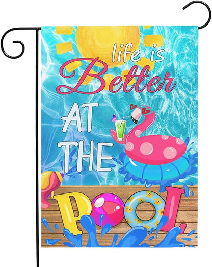 Pool Garden Flag Swimming Pool Spring Yard Flags Summer Welcome Decorative Flags Life is Better at the Pools House Banner for Outside Patio Porch Home Decoration 12x18 Double Sided